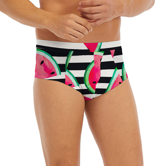 Black Striped Watermelon Pattern Print Men's Briefs
