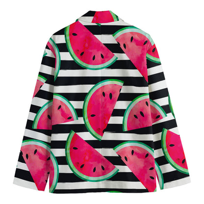 Black Striped Watermelon Pattern Print Men's Cotton Blazer