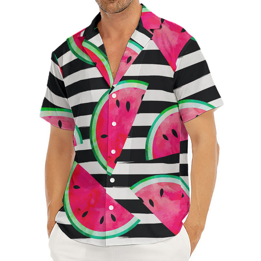 Black Striped Watermelon Pattern Print Men's Deep V-Neck Shirt