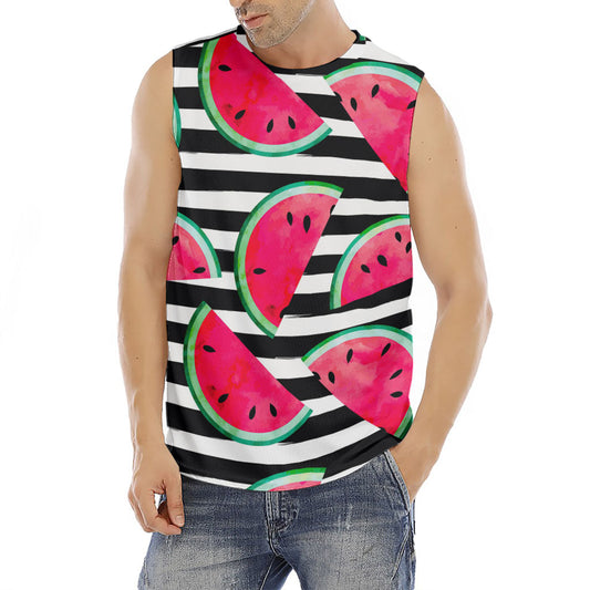Black Striped Watermelon Pattern Print Men's Fitness Tank Top