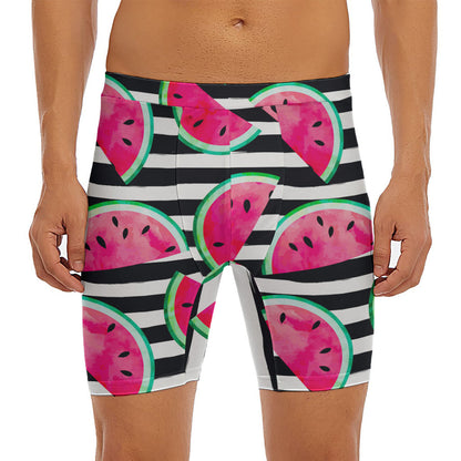 Black Striped Watermelon Pattern Print Men's Long Boxer Briefs