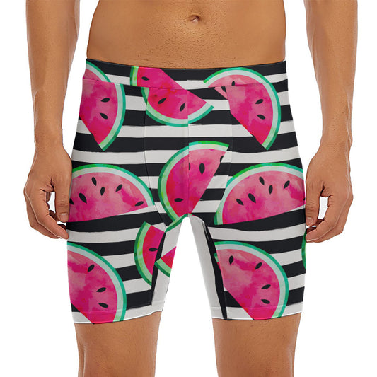 Black Striped Watermelon Pattern Print Men's Long Boxer Briefs