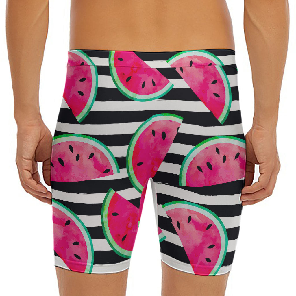 Black Striped Watermelon Pattern Print Men's Long Boxer Briefs