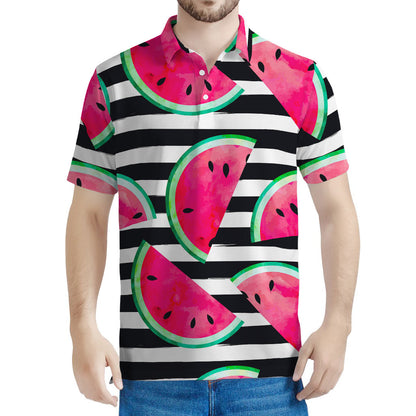 Black Striped Watermelon Pattern Print Men's Polo Shirt