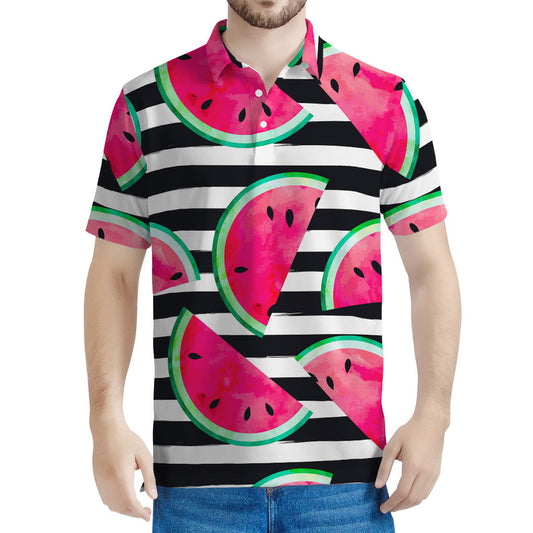 Black Striped Watermelon Pattern Print Men's Polo Shirt