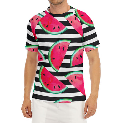 Black Striped Watermelon Pattern Print Men's Short Sleeve Rash Guard