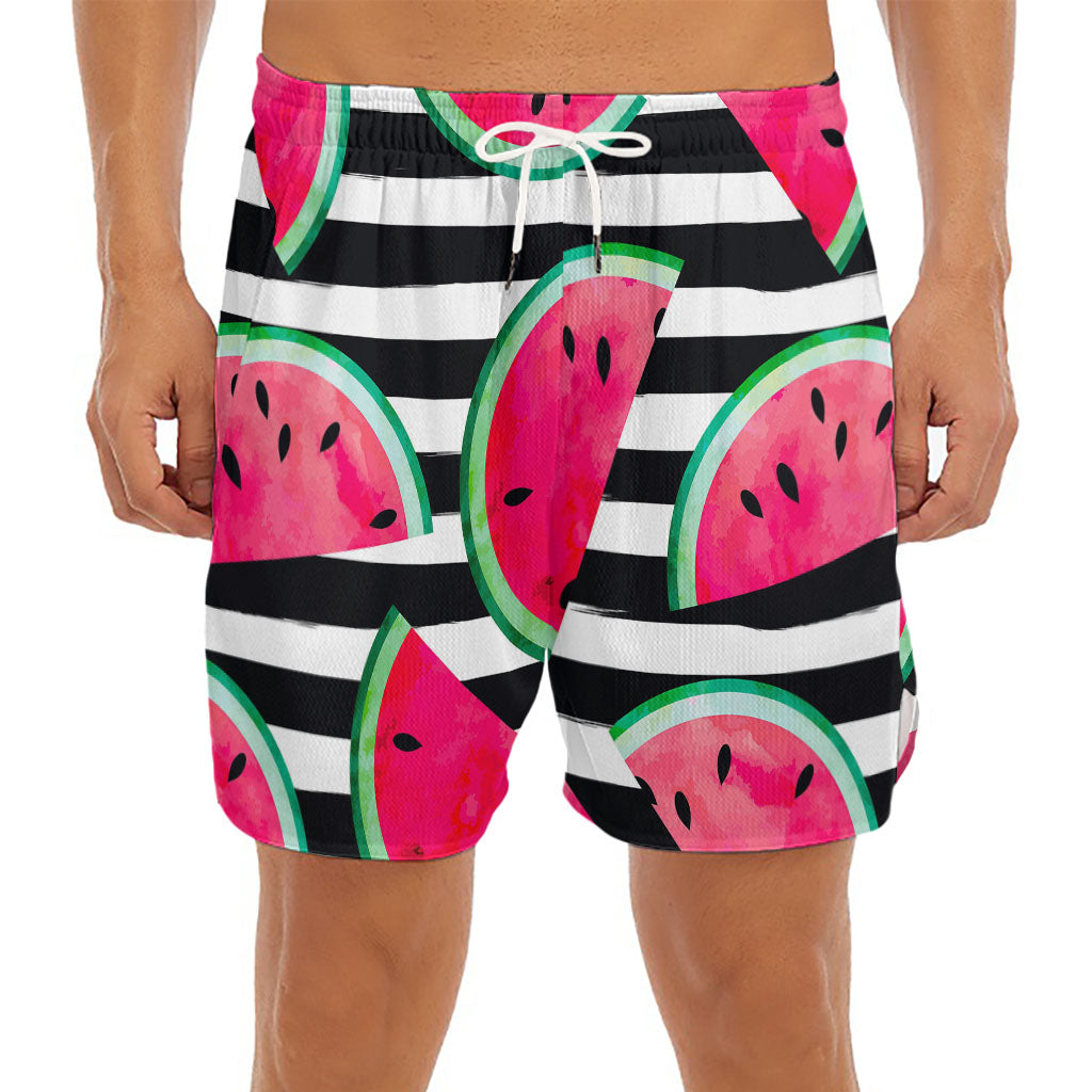 Black Striped Watermelon Pattern Print Men's Split Running Shorts