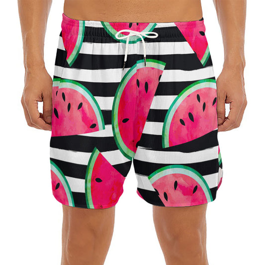 Black Striped Watermelon Pattern Print Men's Split Running Shorts