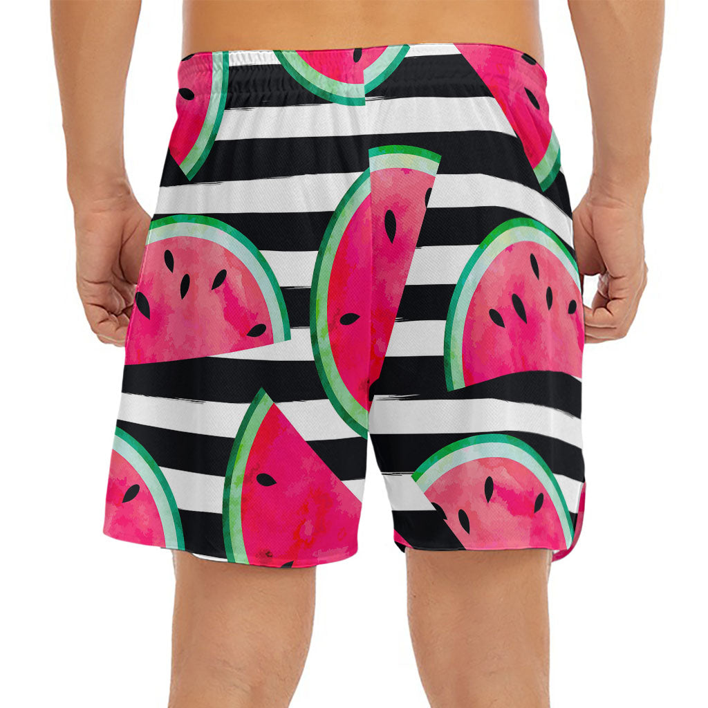Black Striped Watermelon Pattern Print Men's Split Running Shorts