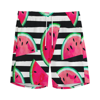 Black Striped Watermelon Pattern Print Men's Sports Shorts