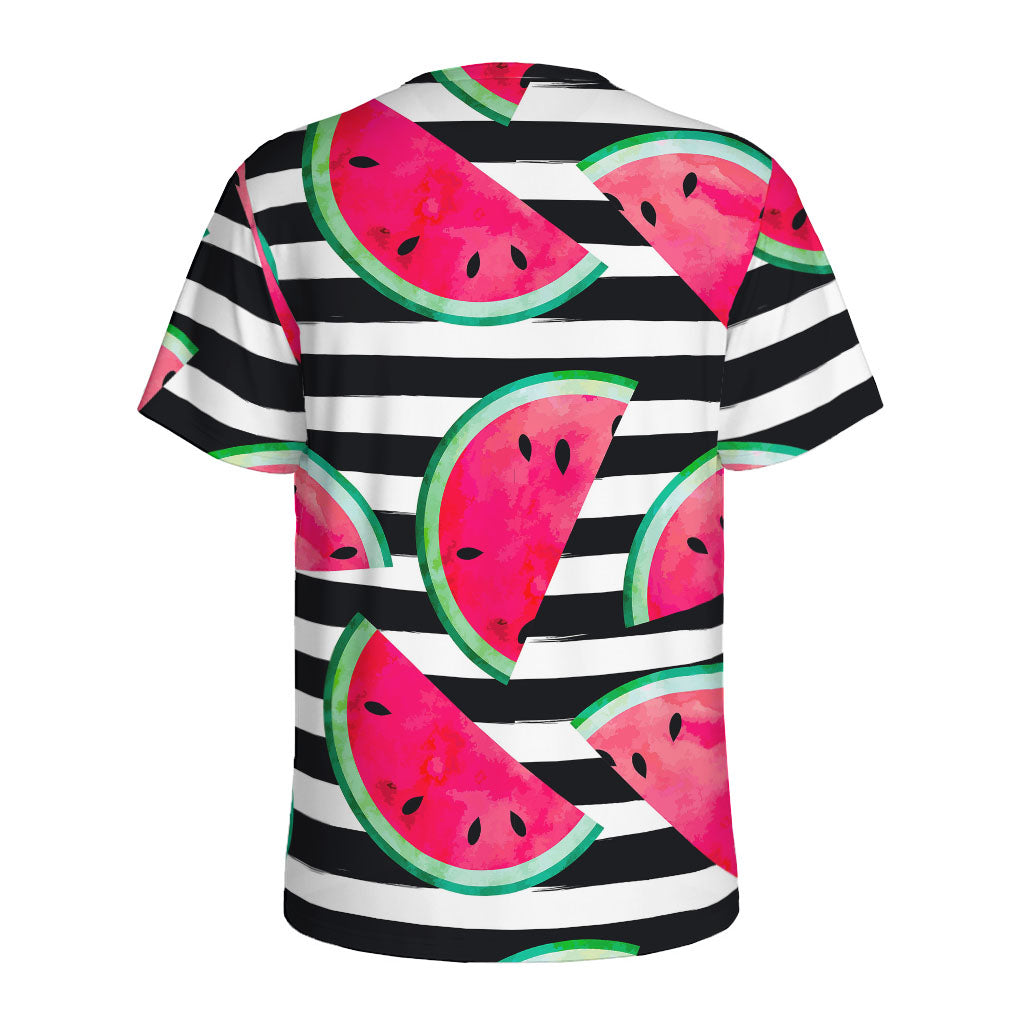 Black Striped Watermelon Pattern Print Men's Sports T-Shirt