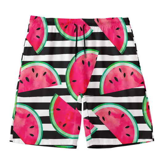 Black Striped Watermelon Pattern Print Men's Swim Trunks