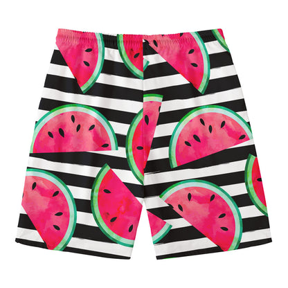 Black Striped Watermelon Pattern Print Men's Swim Trunks