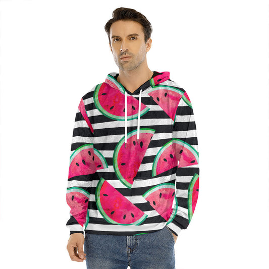 Black Striped Watermelon Pattern Print Men's Velvet Pullover Hoodie