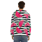 Black Striped Watermelon Pattern Print Men's Velvet Pullover Hoodie