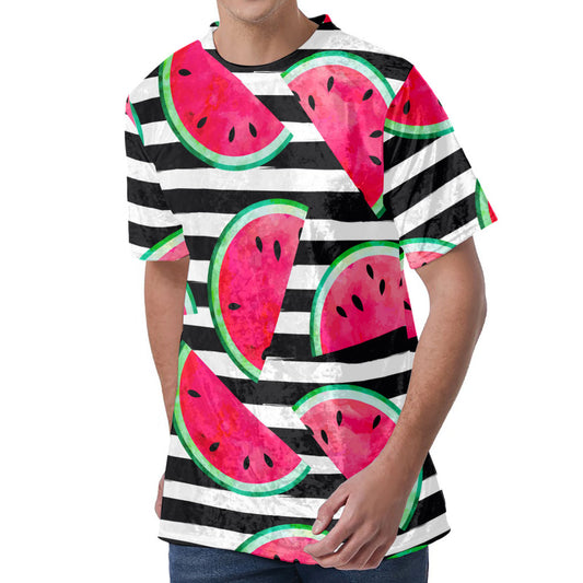 Black Striped Watermelon Pattern Print Men's Velvet T-Shirt