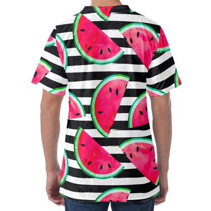 Black Striped Watermelon Pattern Print Men's Velvet T-Shirt