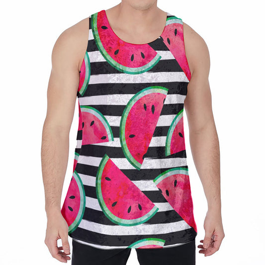 Black Striped Watermelon Pattern Print Men's Velvet Tank Top