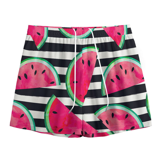 Black Striped Watermelon Pattern Print Mesh Shorts