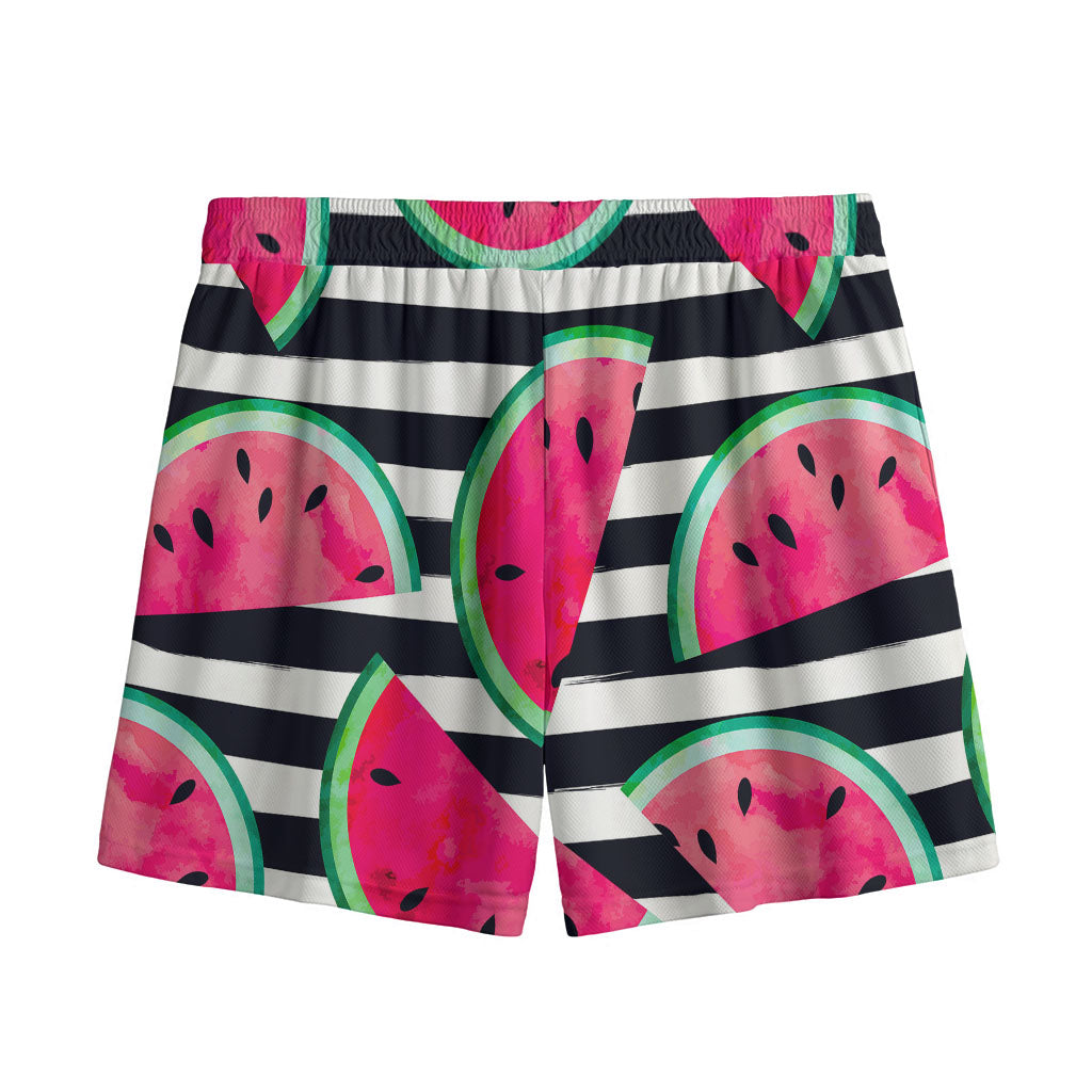 Black Striped Watermelon Pattern Print Mesh Shorts
