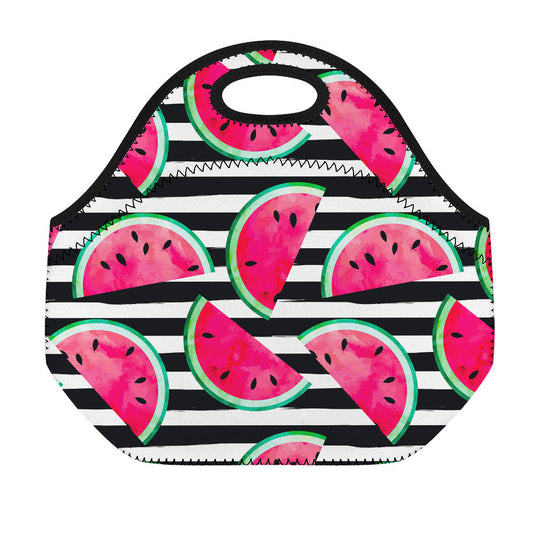 Black Striped Watermelon Pattern Print Neoprene Lunch Bag
