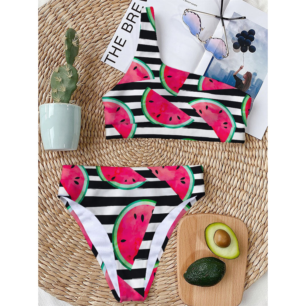 Black Striped Watermelon Pattern Print One Shoulder Bikini Top