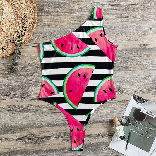 Black Striped Watermelon Pattern Print One Shoulder Bodysuit
