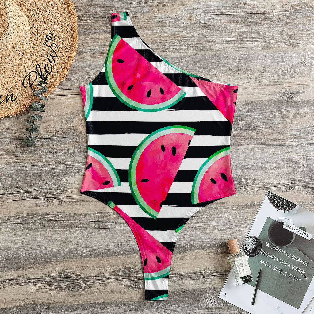 Black Striped Watermelon Pattern Print One Shoulder Bodysuit