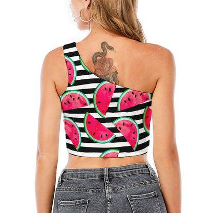 Black Striped Watermelon Pattern Print One Shoulder Crop Top