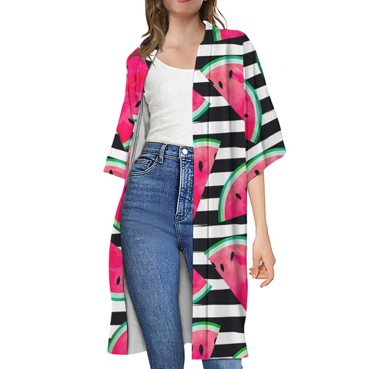 Black Striped Watermelon Pattern Print Open Front Beach Cover Up
