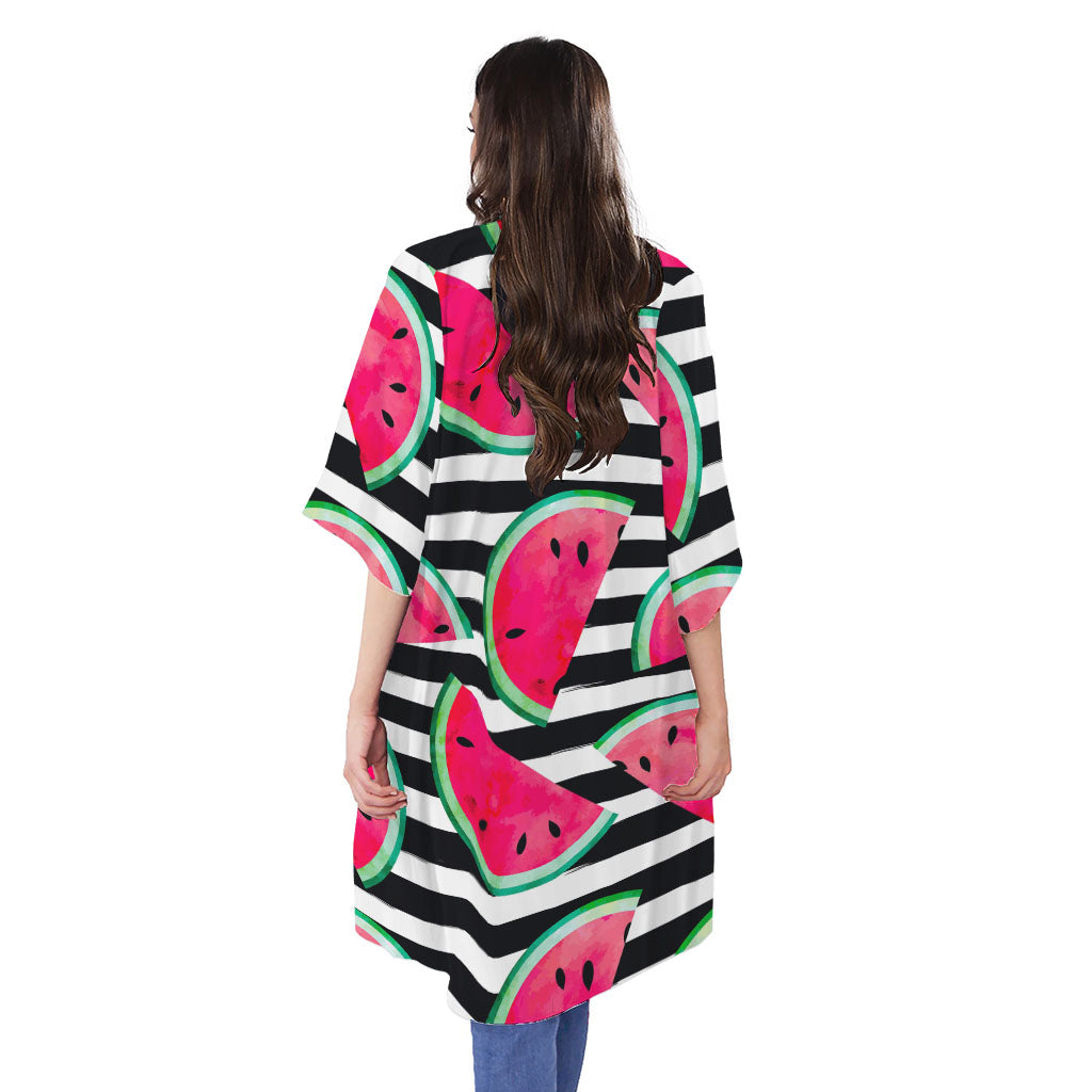 Black Striped Watermelon Pattern Print Open Front Beach Cover Up