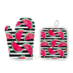 Black Striped Watermelon Pattern Print Oven Mitt And Pot Holder Set