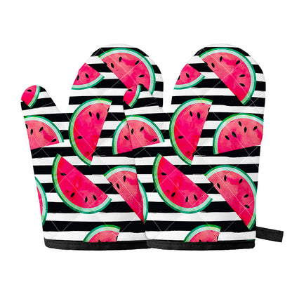 Black Striped Watermelon Pattern Print Oven Mitts