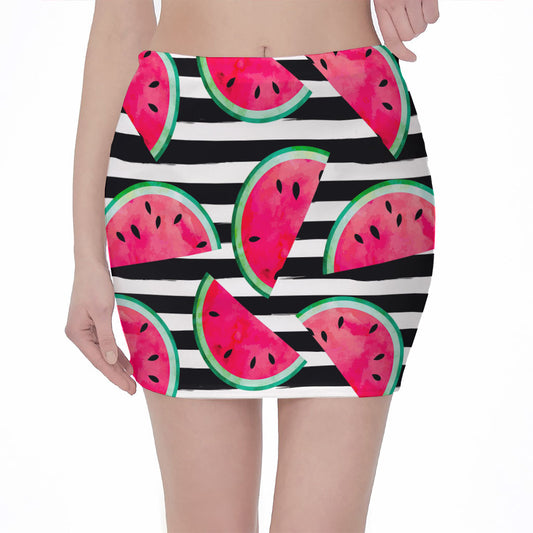 Black Striped Watermelon Pattern Print Pencil Mini Skirt