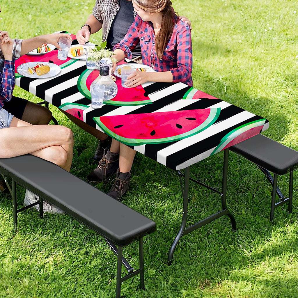 Black Striped Watermelon Pattern Print Picnic Table Cover