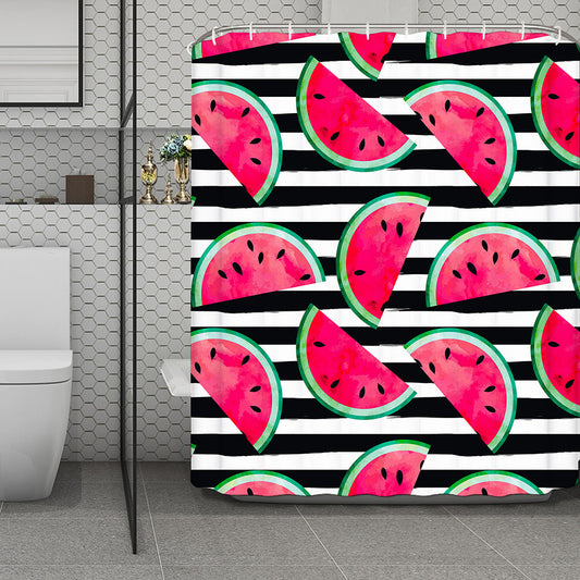 Black Striped Watermelon Pattern Print Polyester Shower Curtain