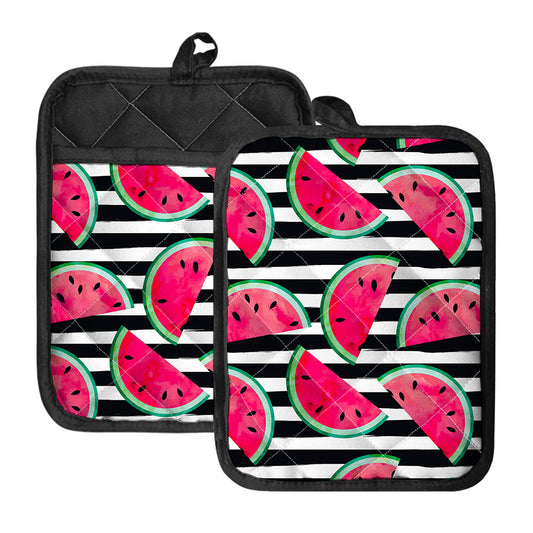 Black Striped Watermelon Pattern Print Pot Holders With Pocket
