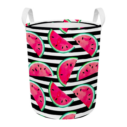 Black Striped Watermelon Pattern Print Round Laundry Basket