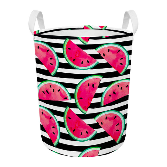 Black Striped Watermelon Pattern Print Round Laundry Basket