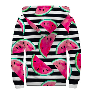 Black Striped Watermelon Pattern Print Sherpa Lined Zip Up Hoodie