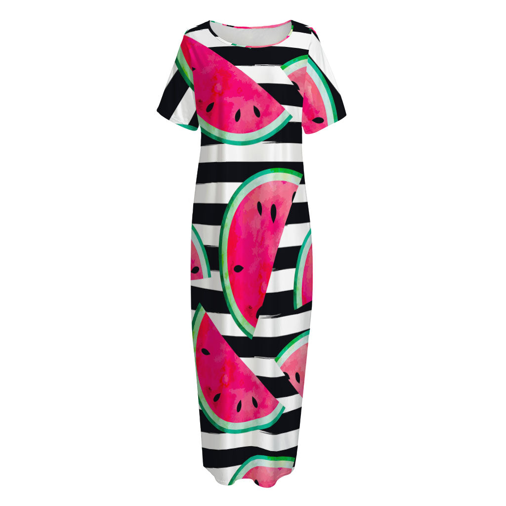 Black Striped Watermelon Pattern Print Short Sleeve Long Nightdress