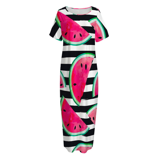 Black Striped Watermelon Pattern Print Short Sleeve Long Nightdress