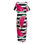 Black Striped Watermelon Pattern Print Short Sleeve Long Nightdress
