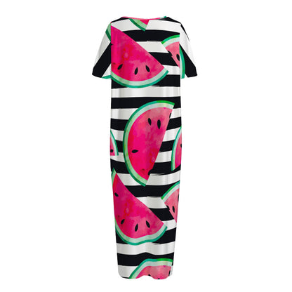 Black Striped Watermelon Pattern Print Short Sleeve Long Nightdress