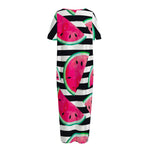 Black Striped Watermelon Pattern Print Short Sleeve Long Nightdress