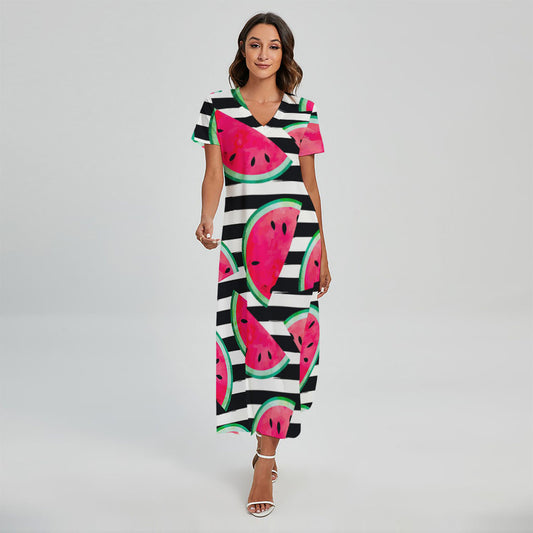 Black Striped Watermelon Pattern Print Short Sleeve Maxi Dress