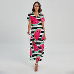 Black Striped Watermelon Pattern Print Short Sleeve Maxi Dress