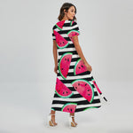 Black Striped Watermelon Pattern Print Short Sleeve Maxi Dress