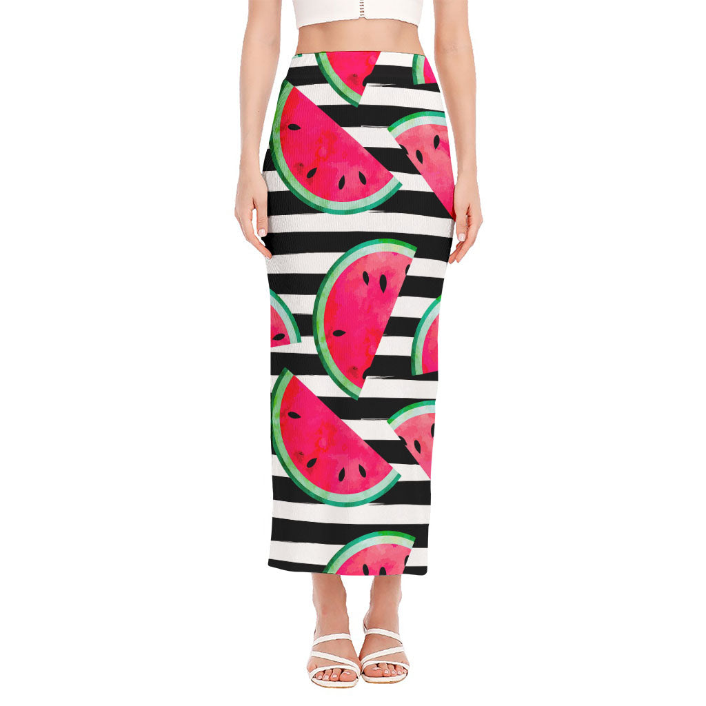 Black Striped Watermelon Pattern Print Side Slit Maxi Skirt