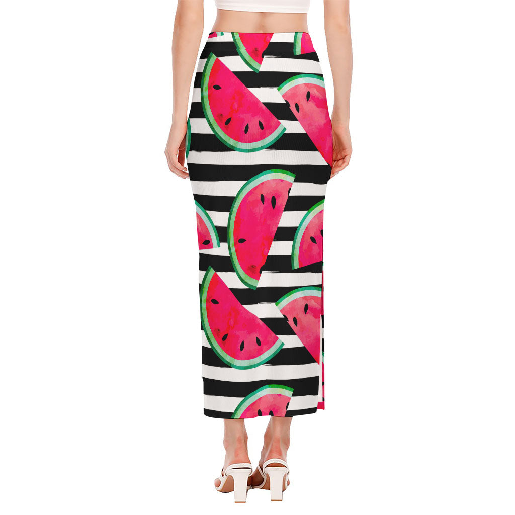 Black Striped Watermelon Pattern Print Side Slit Maxi Skirt